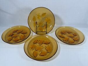 Vintage Pasari Indonesia Amber Glass Goldfish Koi Plates Set of 4 9" Embossed